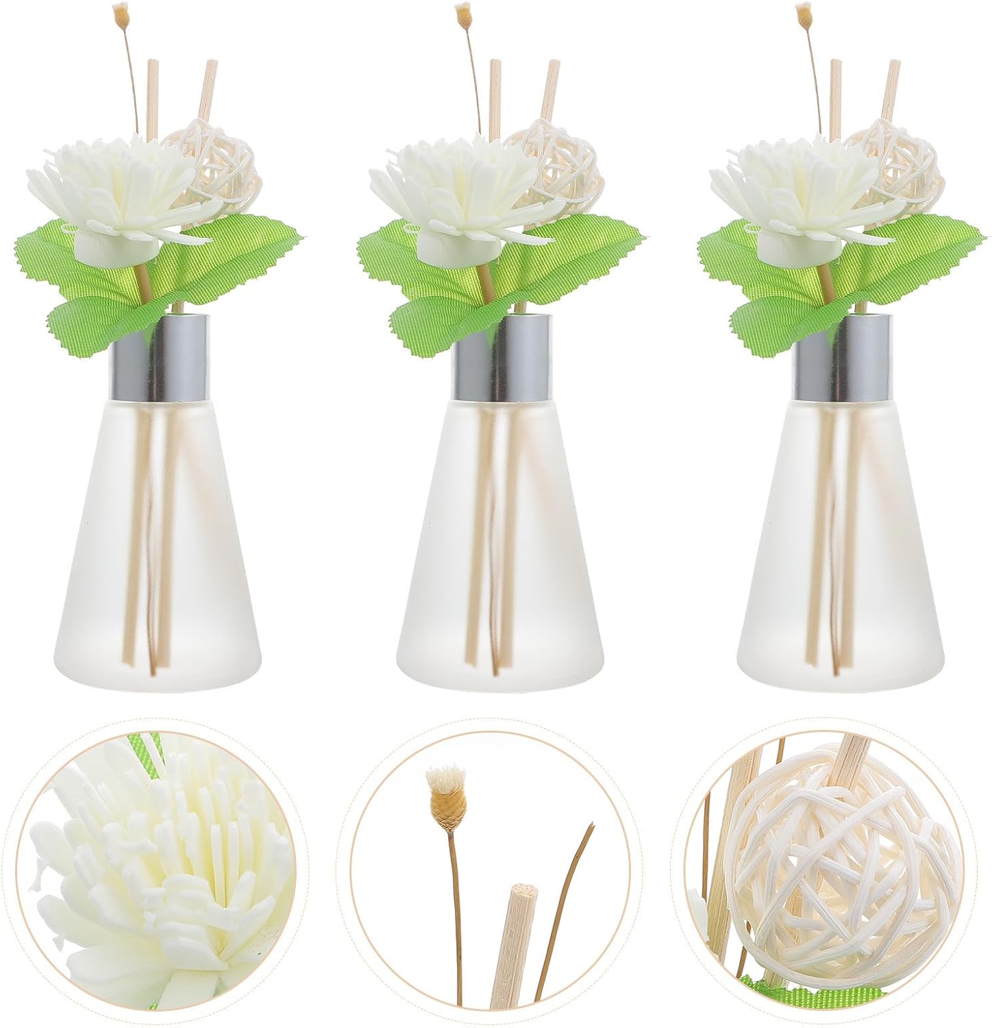 Gatuida Aroma Diffuser Reed Sticks 3pcs Set with Ocean Scent Dried Flower Glass Bottles Essential Oil Diffuser for Bathroom Home Fragrance Desk Decoration