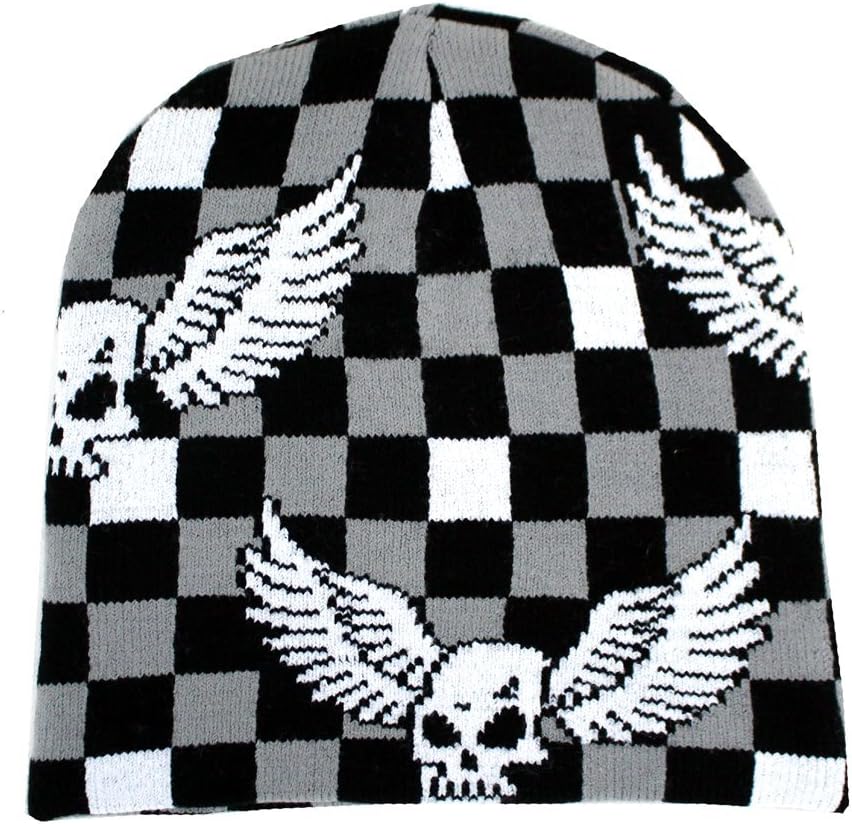 Leema Enterprises Black, Gray and White Checkered Beanie Withe Skull and Wings