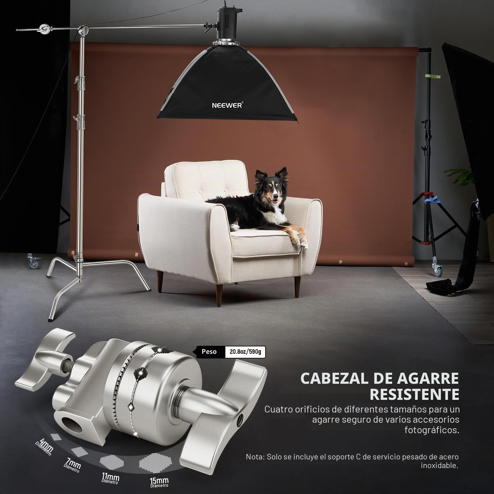 NEEWER Soporte C de Acero Inoxidable de 3,2m con Brazo de Pértigaa, Varilla Central más Gruesa, Carga Máxima 20kg, Fotografía Luz Soporte con Brazo de 1,27m para Monolight Softbox, SC320Q