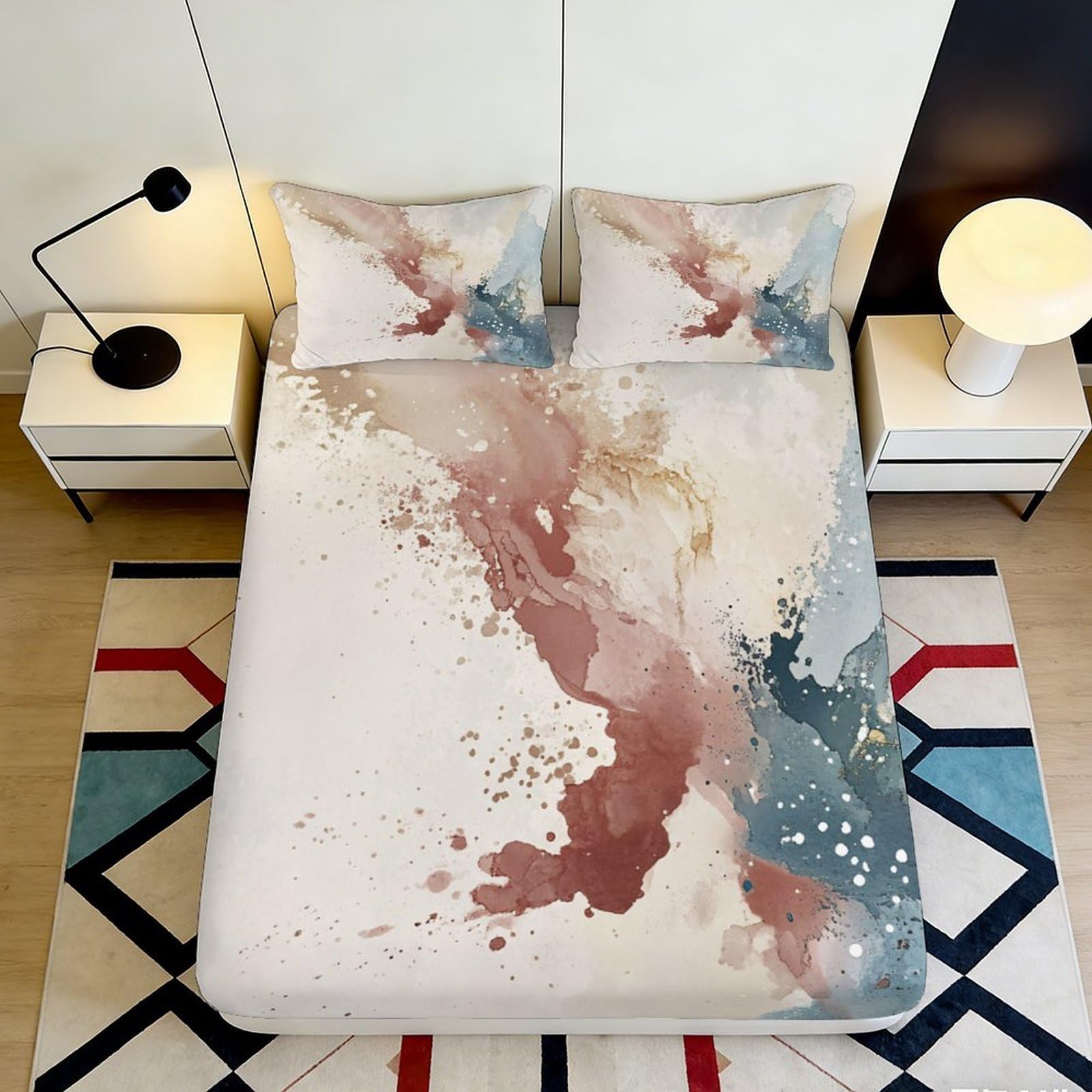 3D Printed Abstract Watercolor Fitted Sheet Microfiber Soft Pink Blue Splash Mattress Cover for Bedroom Decor, Easy Care 90x200x25cm