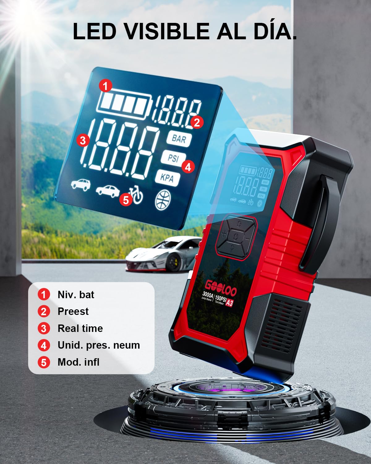 GOOLOO A3 Arrancador de Baterias de Coche con Compresor de Aire, 3000A Arrancador de Coches (9,0 L de Gasolina/6,5 L de Diésel) Arrancador Coche Portatil con Apagado automático de 150 PSI
