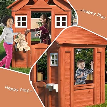 Kids Outdoor Playhouse with Door & 2 Windows - Wooden Backyard Play House for Ages 3-8 - 42L x 46W x 55H - Easy Assembly & Flower Planter