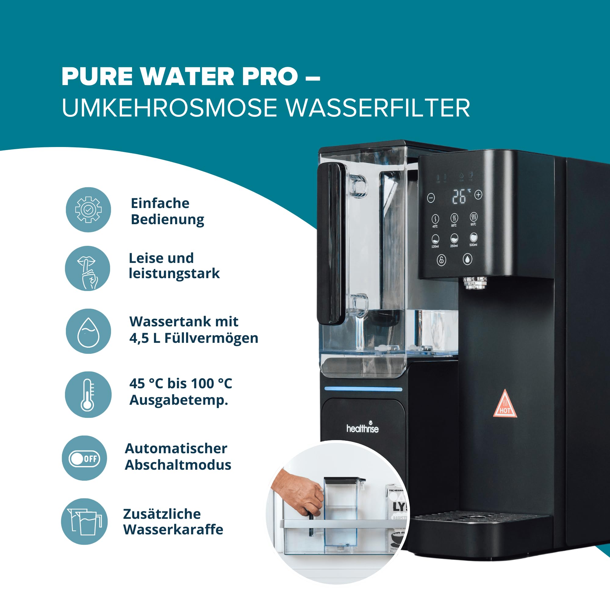 Health Rise Pure Water Pro Auftisch Umkehrosmoseanlage, Osmose Wasserfilter 5-stufig mit UV-Licht, Heißwasserfunktion 45-100°C, 4,5L Tank, Inkl. 2 Wasserkrüge