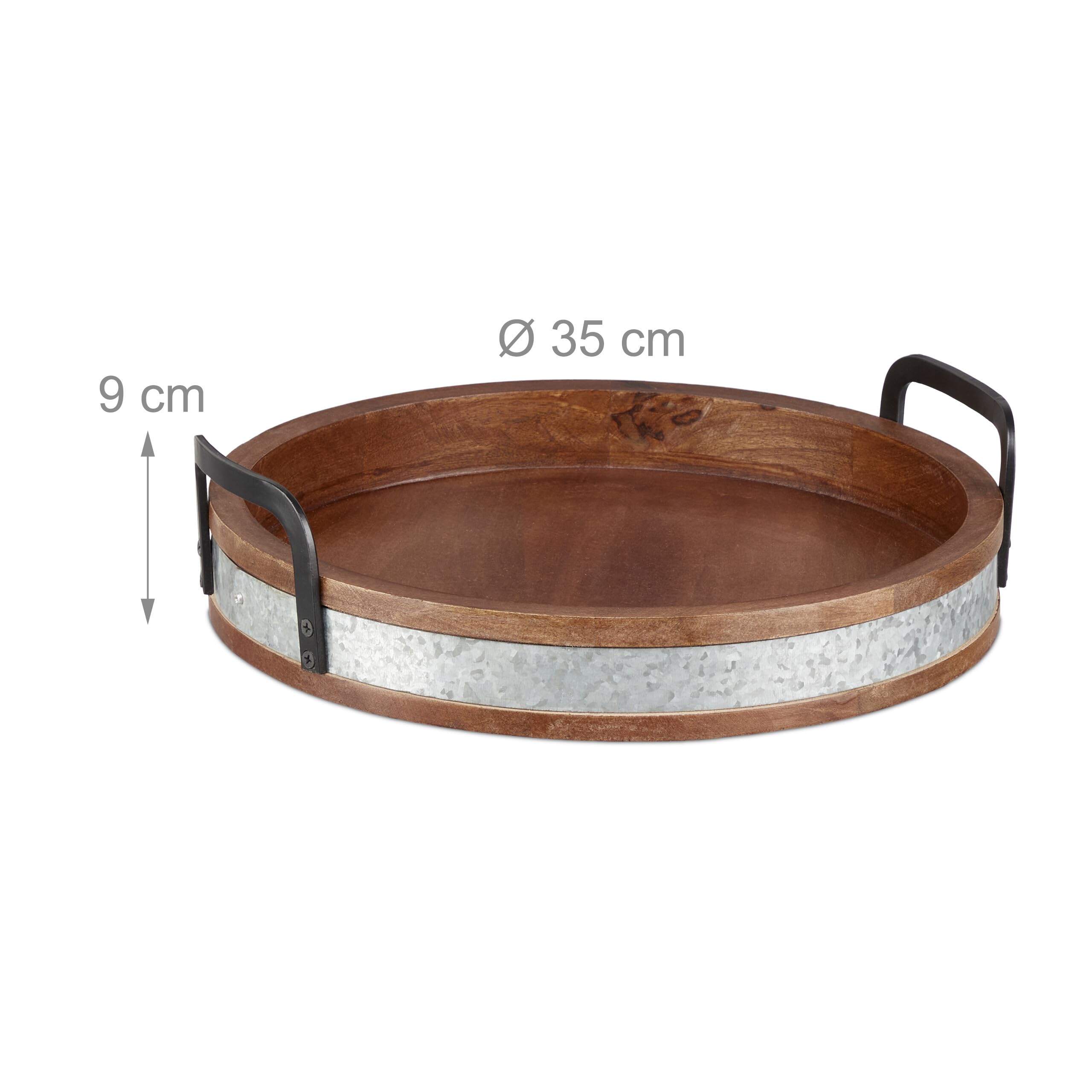 Relaxdays Bandeja Redonda de Madera de Mango, con Asas, Servir, Desayuno, Decorativa, Cocina, 9 x 35 cm, Marrón/Plateado