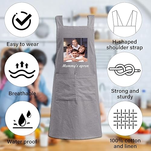 Miniatura 4 de Delantales personalizados para niños para cocinar, delantales personalizados para hombres, delantal de algodón y lino, regalo para mujeres
