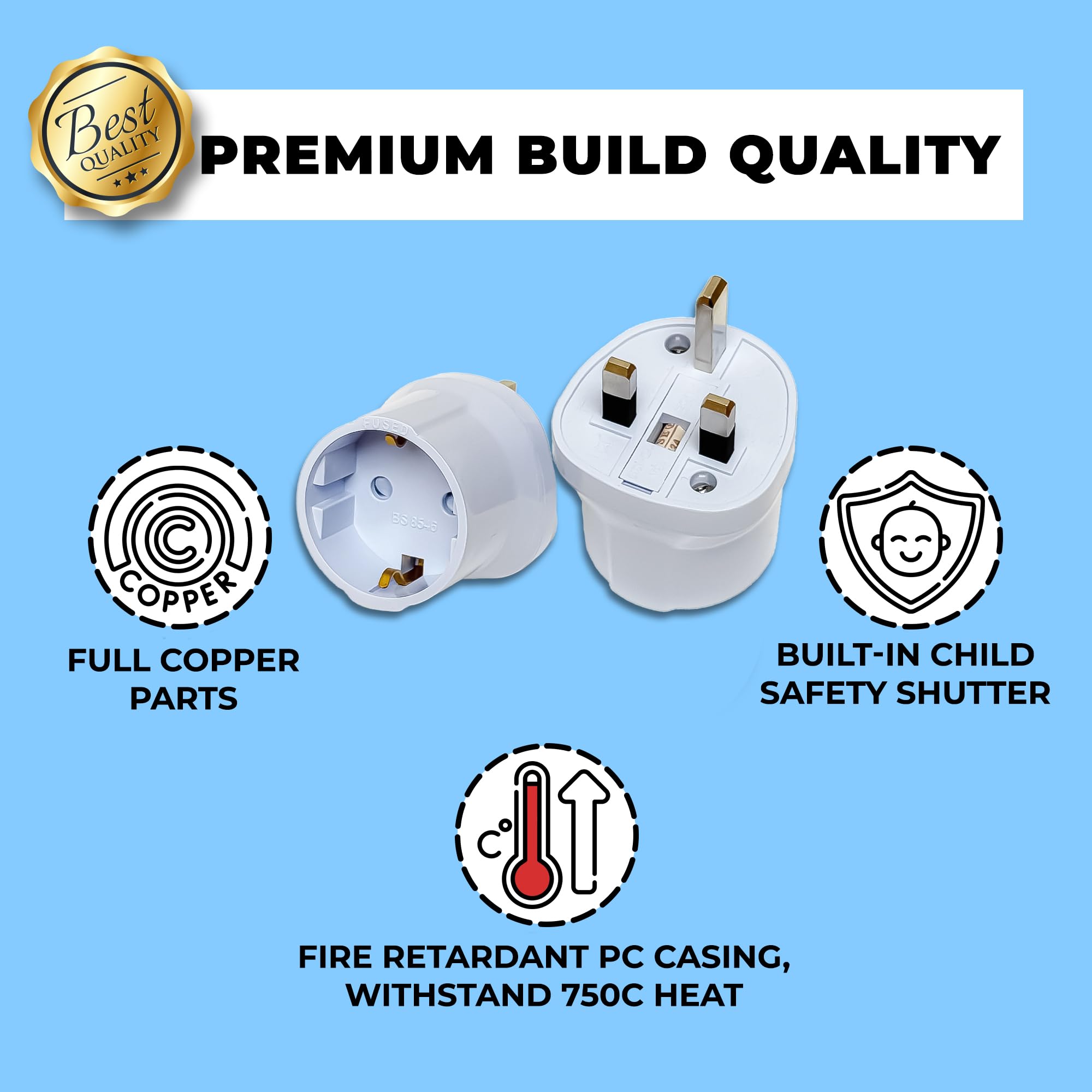 Double Dragon EU to UK Plug Adapter | European 2-Pin to UK 3-Pin Travel Adapter | Schuko & Europlug from France, Germany, Spain, Italy to UK Socket | BS8546 Certified, 13A Fused – White (1 Pack) — view 6