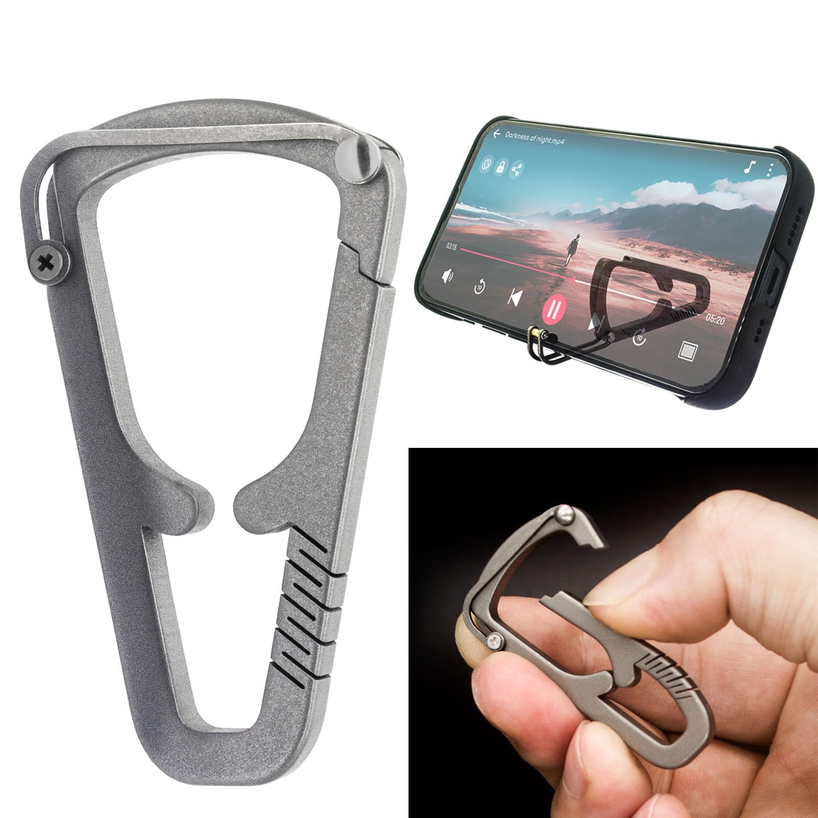 Titanium Carabiner Keychain Clip,Foldable Portable Cell Phone Stand Purse Hook for Table Multifunctional Key Holders Utility Small Snap Ring Folding Key Ring Organiser