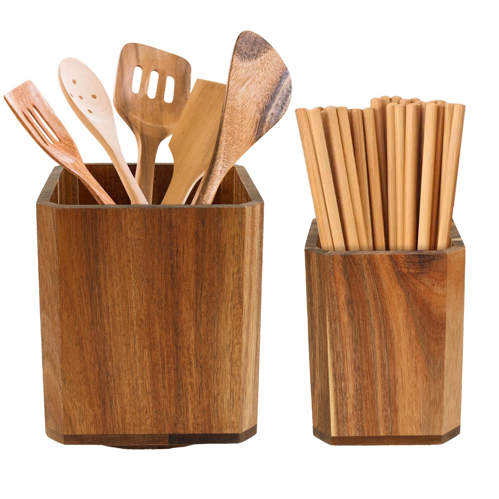 Guijzsltrg 2Pcs Wood Utensil Holder 360° Rotating Acacia Utensil Crocks Multipurpose Cooking Spoon Spatula Organizer Kitchen Tool Storage Accessories Rack For Pub Restaurant Countertop(2Pcs)