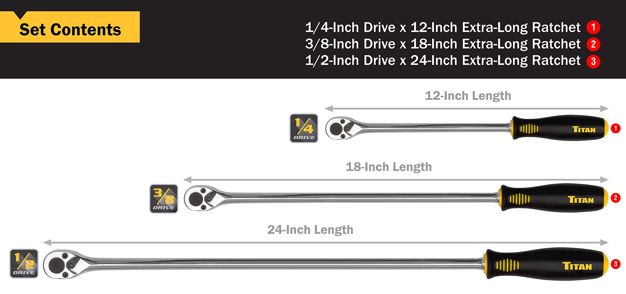 Titan 11307 3-Piece 36-Tooth Extra-Long Ratchet Set, Black, 3-Piece Set - Image 2