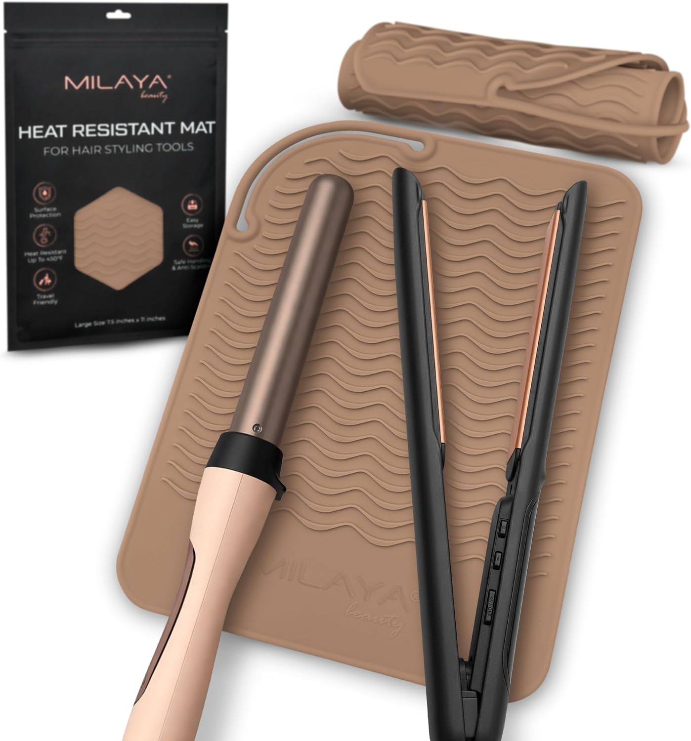 Milaya Beauty Large Heat Resistant Mat for Hair Tools – Silicone Curling Iron Holder & Flat Iron Holder – Non-Slip Hot Tool Mat & Vanity Mat – Vanity Accessories for Women, Home, Salon, or Travel