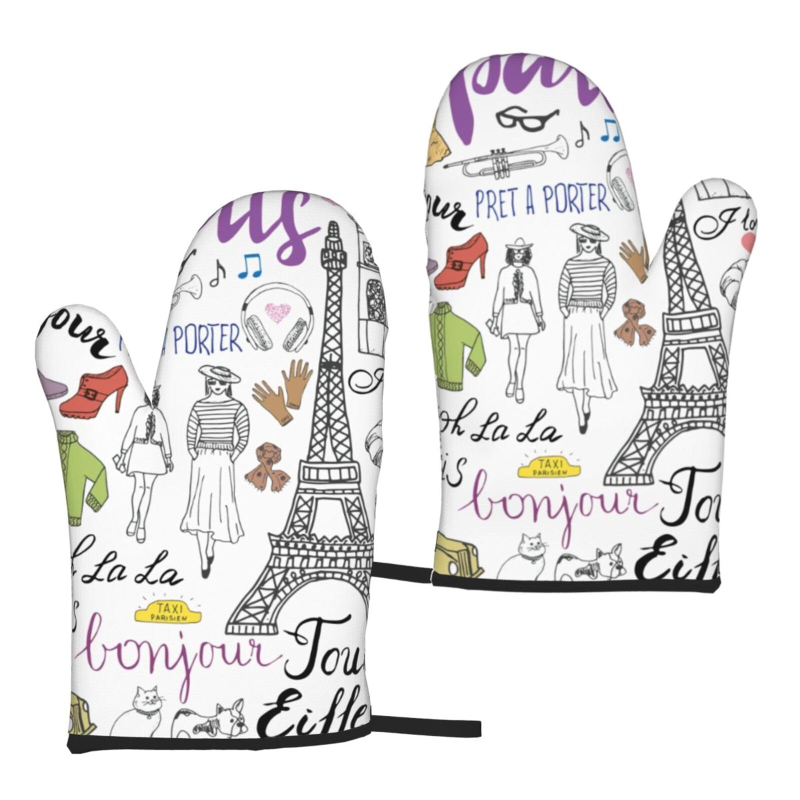 Nimongt Women's Black French Paris Tour Eiffel Tower Print Adults Universal Fit Heat Resistant Oven Gloves Reusable Cooking Outdoor Grilling