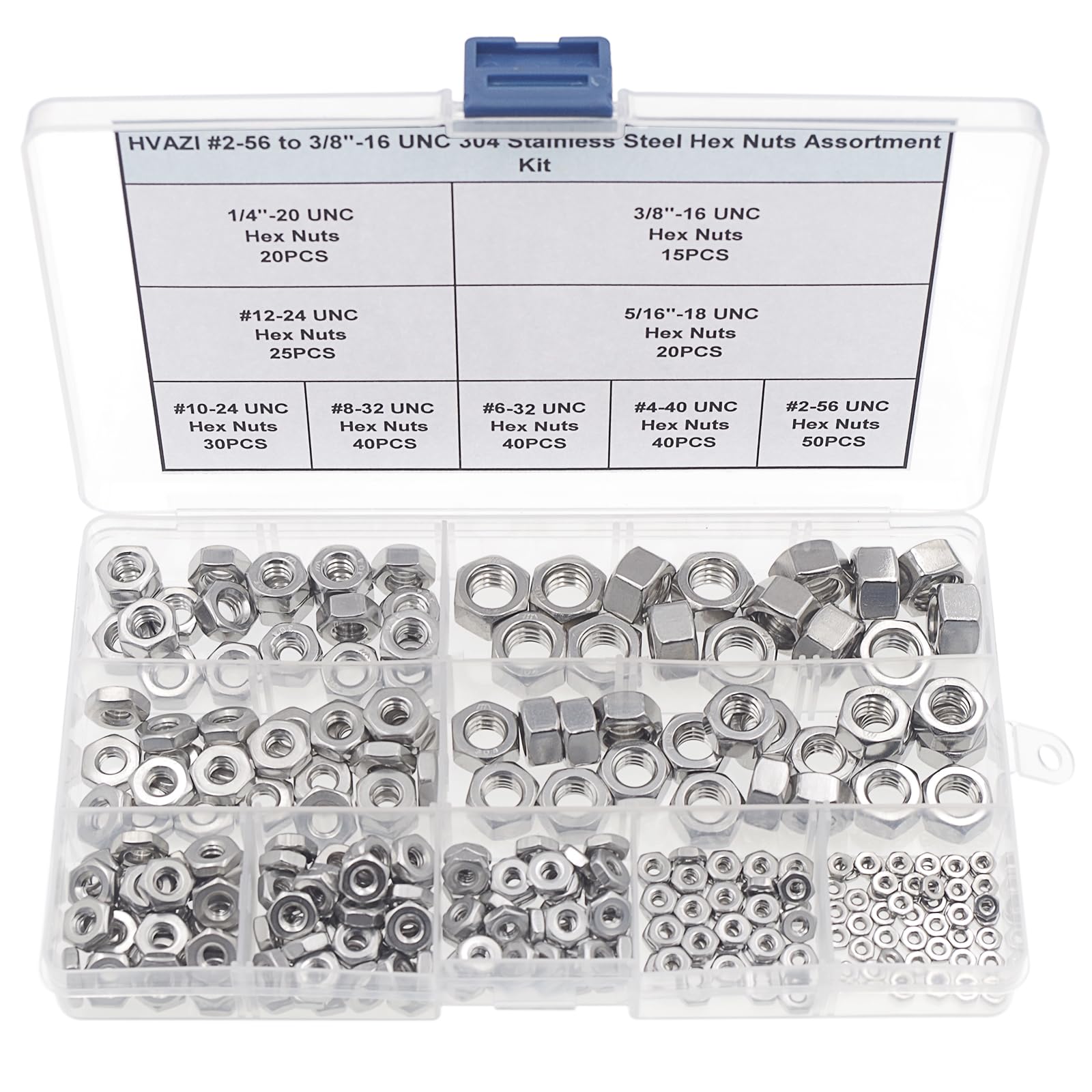 #2-56 to 3/8"-16 UNC 304 Stainless Steel Hex Nuts Assortment Kit