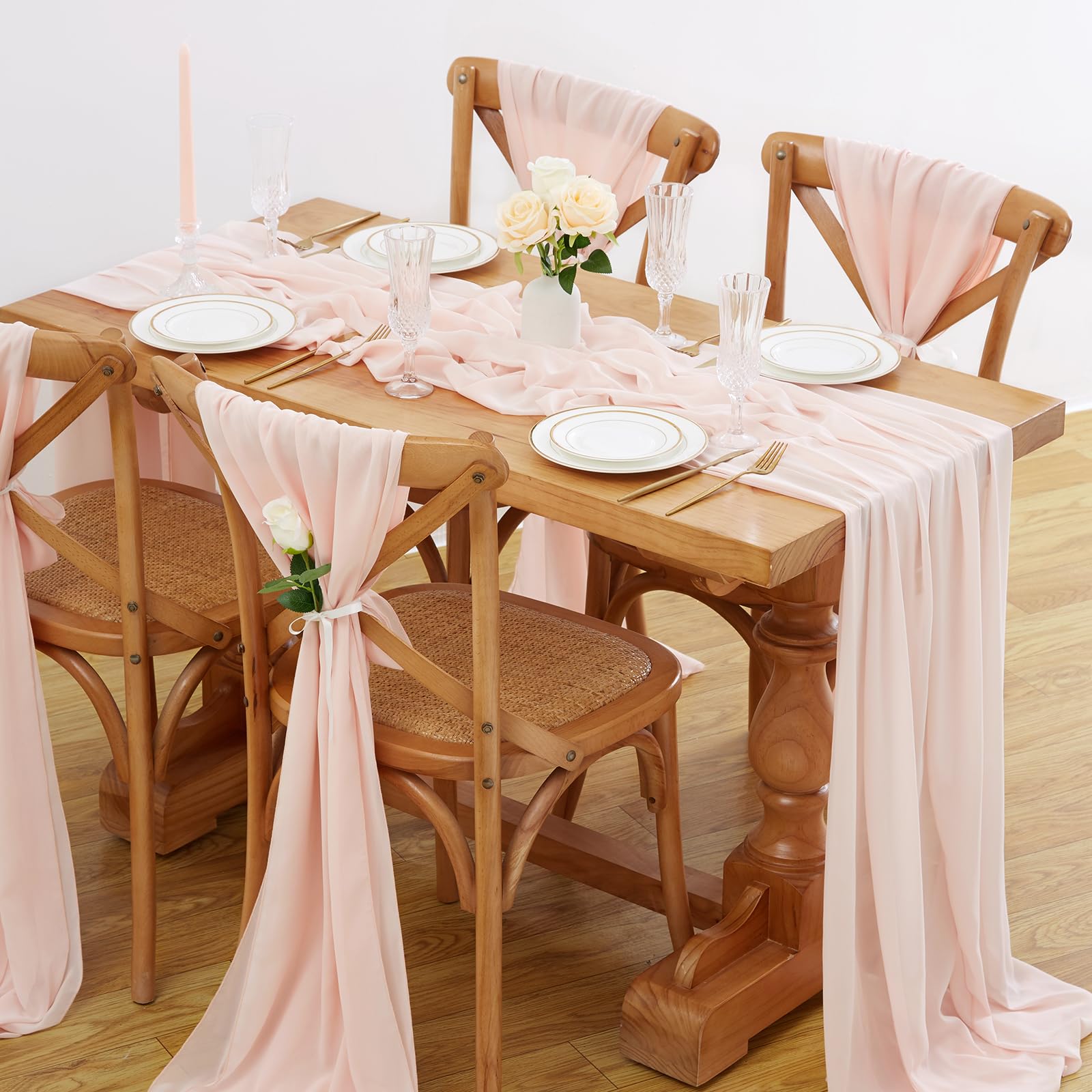 Lot de 2 chemins de table longs en mousseline de soie - 68,6 x 304,8 cm - Pêche clair