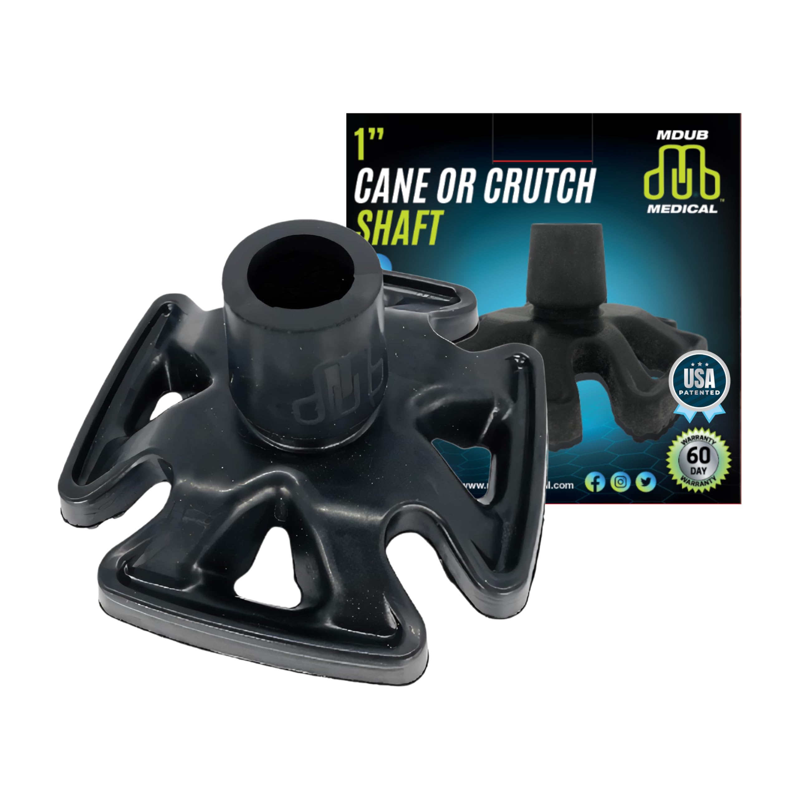MDUB Medical All Terrain Tip - Punta de bastón o muleta de diseño resistente - Punta de arena, nieve, suciedad y lluvia para ejes de 1 pulgada | Negro | 1 paquete