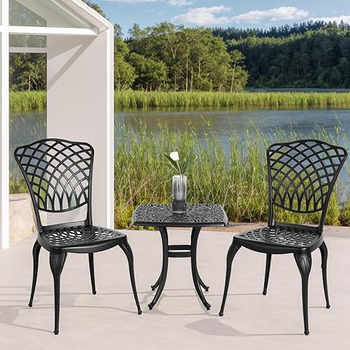 Juego de 3 piezas de aluminio fundido para exteriores, 1 mesa de patio y 2 sillas para jardín y balcón, durabilidad resistente al óxido, color negro