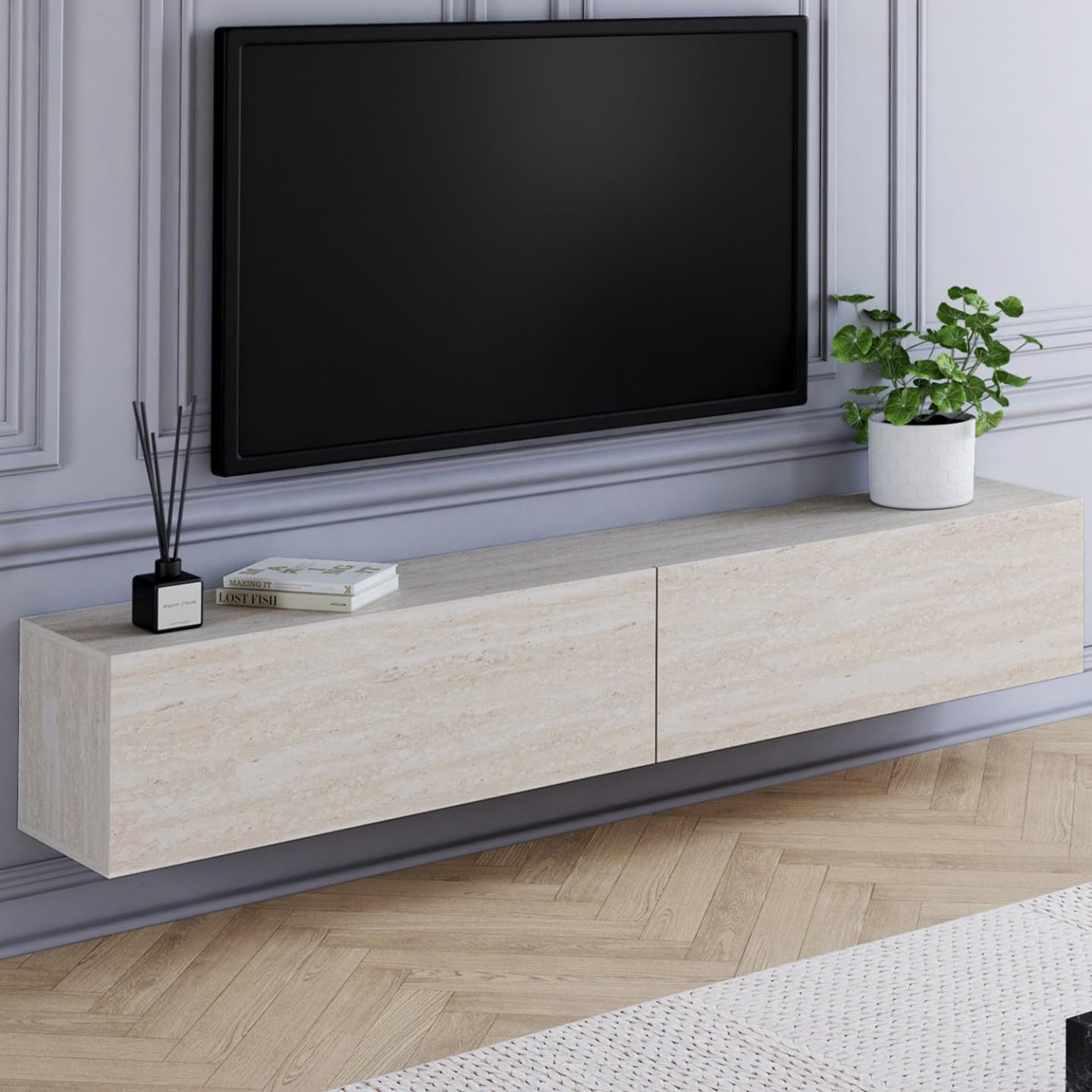 IDMarket - Mueble de TV 180 cm colgante Elio 2 puertas de madera efecto travertino