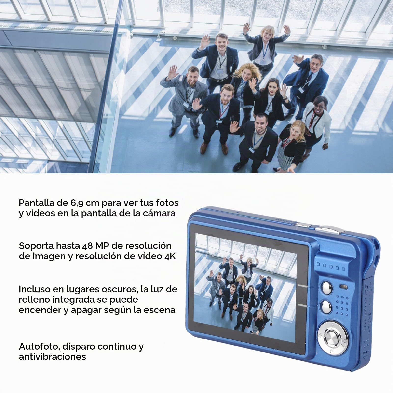 Cámara Digital 4K, 1080P FHD 44MP con Pantalla LCD de 2,7", Zoom de 8X Cámara Compacta, Cámara Portátil Antivibración con Cordón y Bolsa para Niños, Estudiantes y Principiantes (Azul)