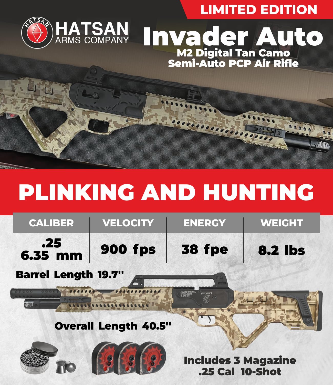 Hatsan Invader Limited Edition .25 Cal 900 FPS 38 FPE PCP Digital Tan Camo Air Rifle with Wearable4U Paper Targets and 150x .25cal Pellets Bundle