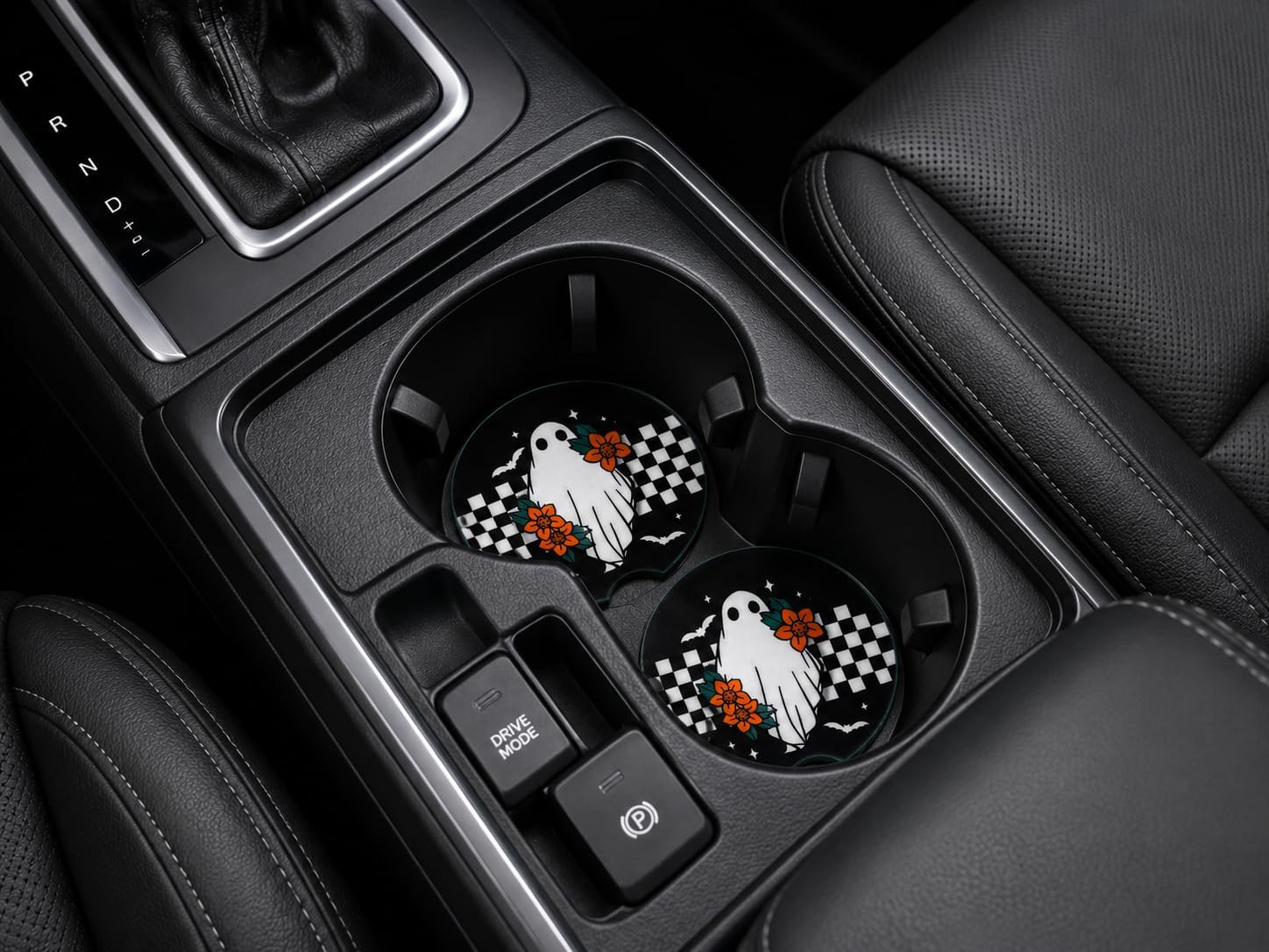 Whimsical Blooms Checkered Ghost Halloween Car Coaster Set Accessories, Spooky Season Cute Ghost Fall Goth Bats Women,Cute Car Cup Holder Coaster, Absorbent Neoprene Car Coaster (Set of 2)