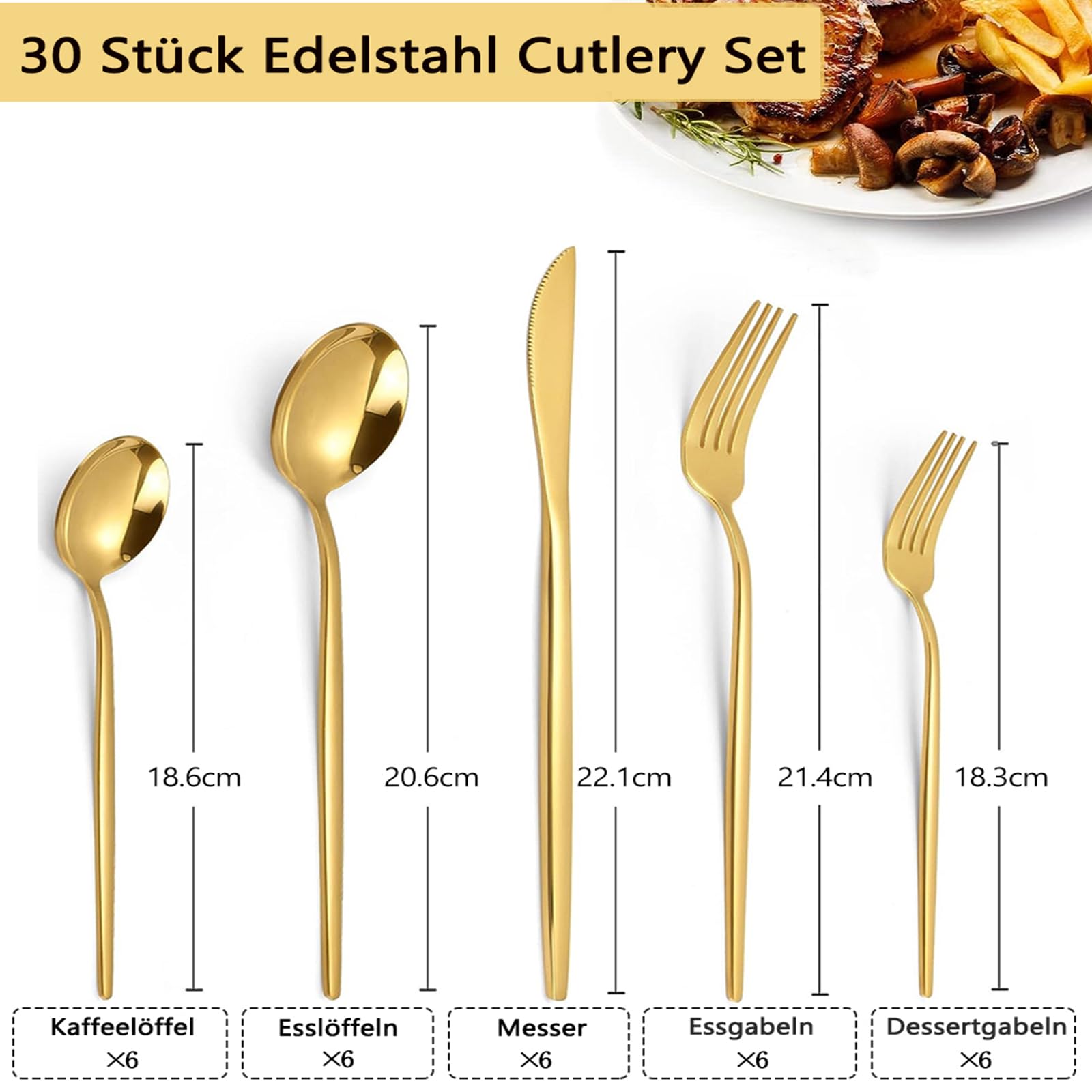 30-teiliges Besteck-Set Edelstahl Schwarz/gold – Für 6 Personen, Spülmaschinenfest, Camping-tauglich