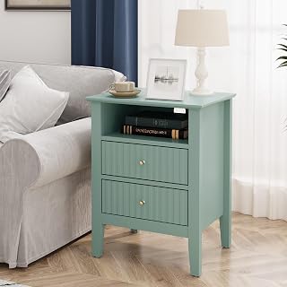 May in Color Fluted Modern Nightstand, 2-Drawer End Table for Bedroom | Side Table with Storage Shelf, Wood Bedside Table for Living Room, Bedroom, Green