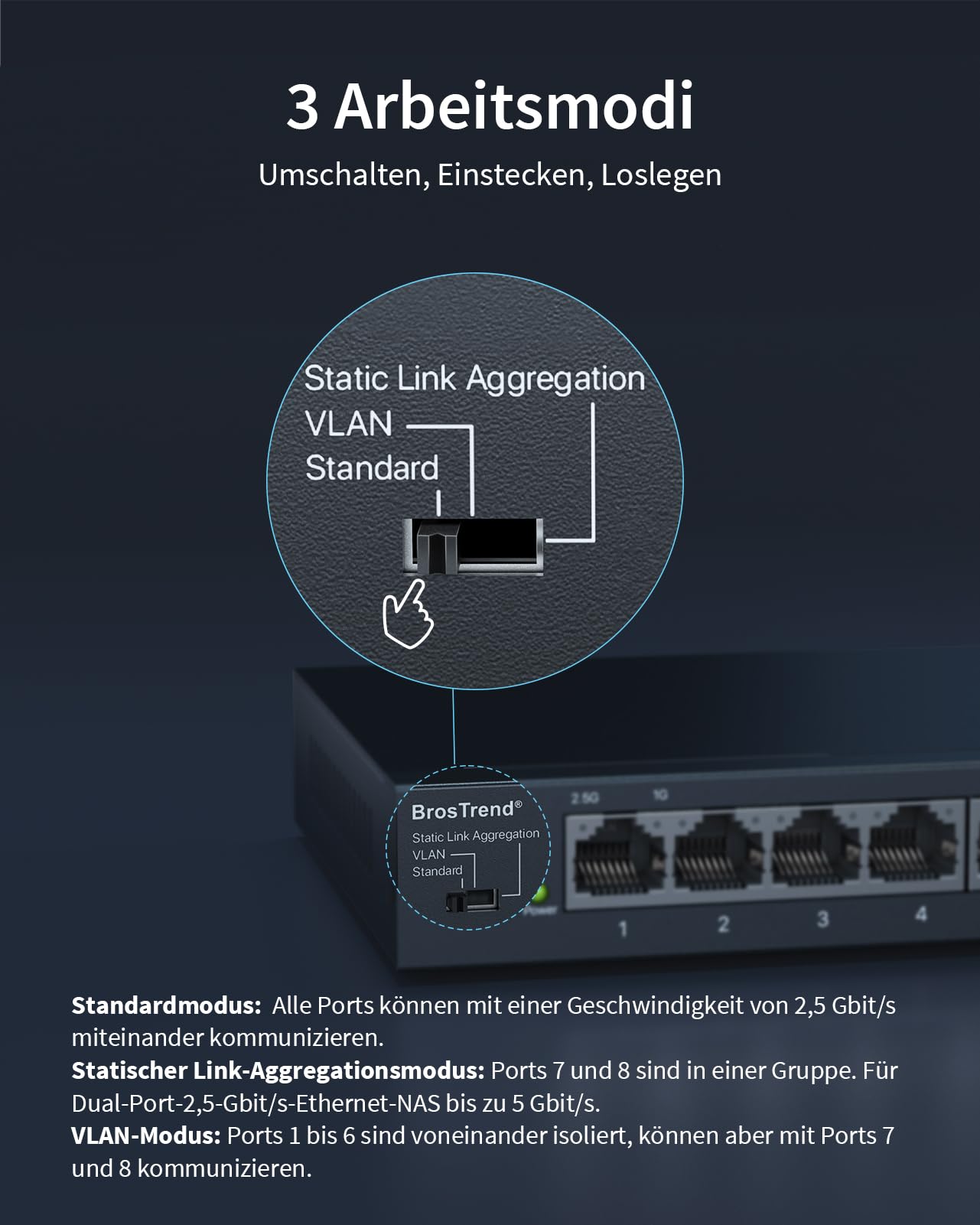 BrosTrend 8X 2.5-Gigabit Netzwerk Switch (Statische Link-Aggregation, VLAN) | Lifetime-Schutz Unmanaged 8 Port 2.5 Gbit LAN Switch für Gaming PC, NAS Server, Lüfterlos, Plug & Play, Ethernet LAN Splitter