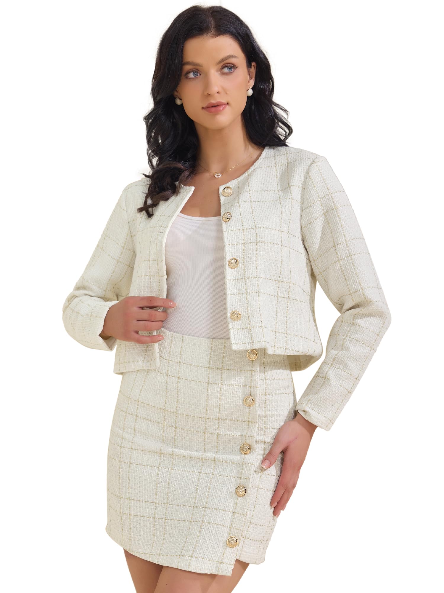 Allegra K Ensemble de jupes 2 pièces pour femme - Blazers en tweed - Veste boutonnée - Mini jupe - Tenues décontractées d'affaires 2025