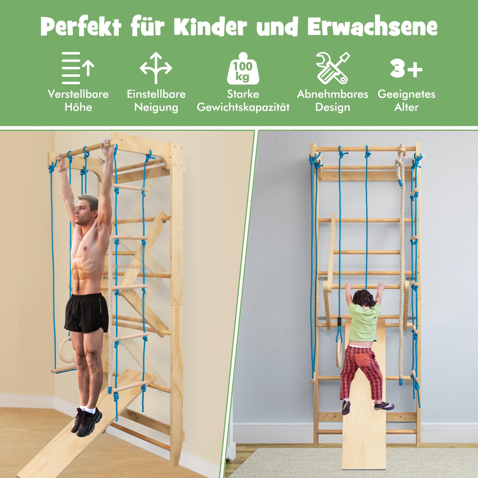 COSTWAY Sprossenwand, Kletterwand für Kinder und Erwachsener, Turnwand aus Holz, Klettergerüst Indoor, inkl. Klimmzugstange/Ringe/Trapez/Strickleiter/Kletterseil, bis 100kg belastbar, 220 x 80 x 60 cm