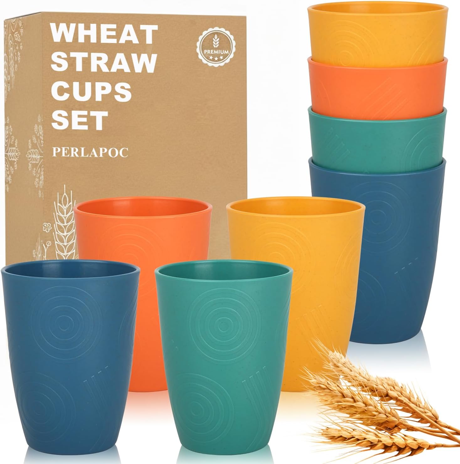 Wheat Straw Cups Set of 8, 16oz Plastic Reusable Cups for Kitchen, Camping, Unbreakable and Lightweight Dishwasher Safe Cup Drinking Set for Water, Juice & Coffee - Multicolor