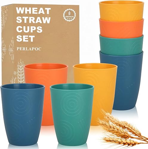 Wheat Straw Cups Set of 8, 16oz Plastic Reusable Cups for Kitchen, Camping, Unbreakable and Lightweight Dishwasher Safe Cup Drinking Set for Water, Juice & Coffee - Multicolor