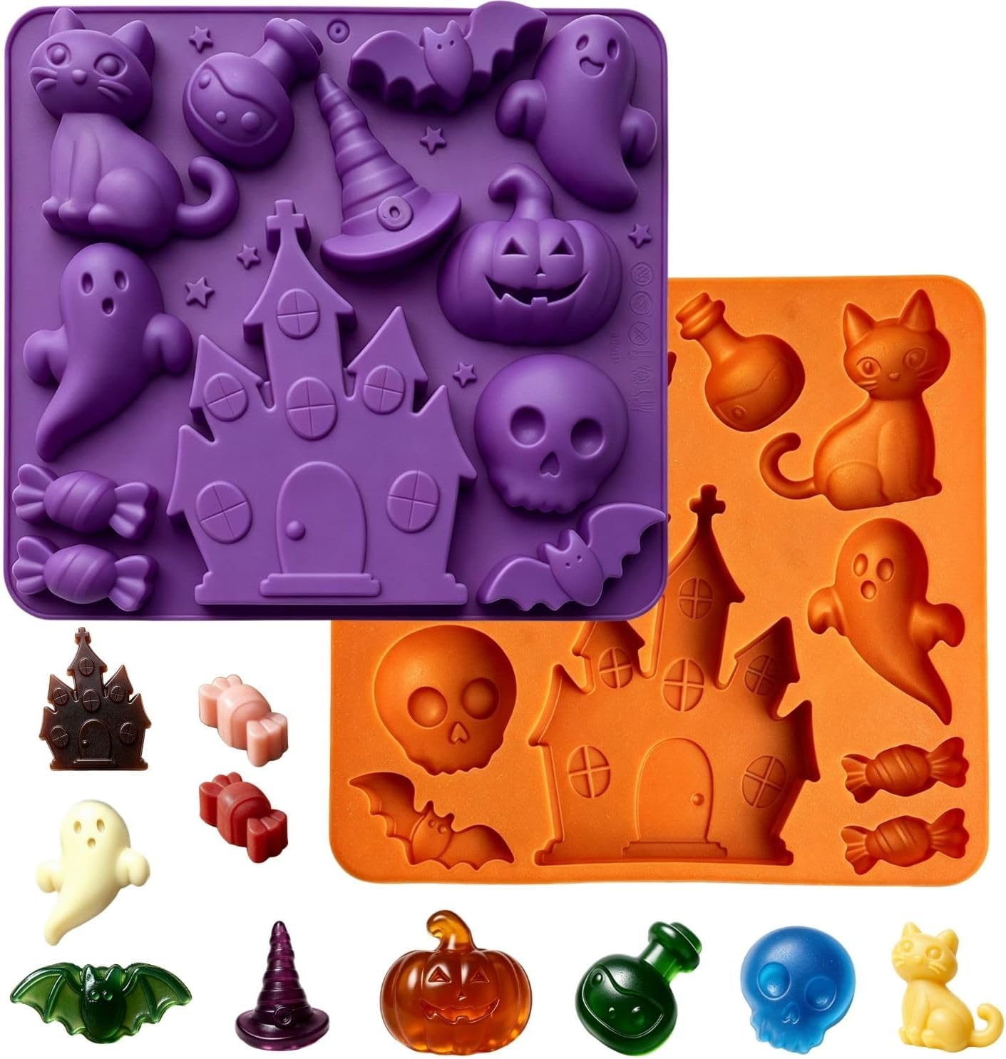 2PCS Halloween Chocolate Molds, Halloween Silicone Gummy Mold Pumpkin Castle Bat Ghost Cat Witch Hat Skull Shapes Candy Molds for Cake Baking Mousse Soap Cupcakes Ice Cube