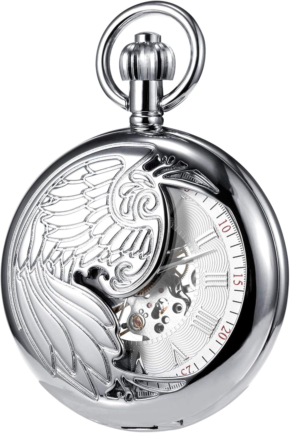 TREEWETO Men's Pocket Watch with Chain, Retro Eagle Analog Steampunk Skeleton Watch, Mechanical Pocket Watches with Roman Numerals for Men