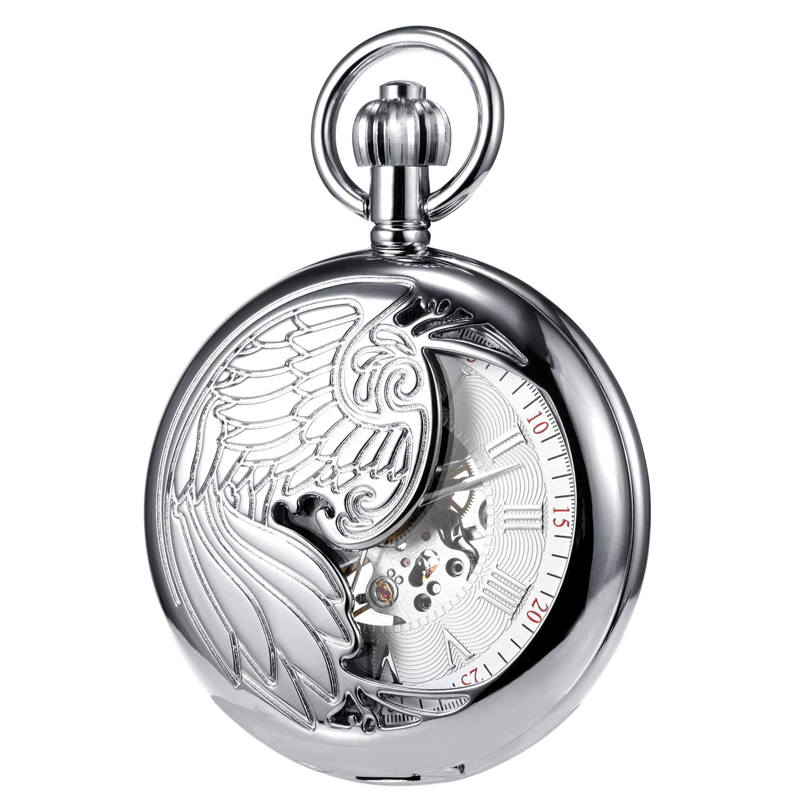 TREEWETO Reloj de Bolsillo Antiguo para Hombre con Cadena, Diseño Retro de Águila y Esqueleto, Mecánico, Cuerda Manual, Números Romanos, Color Plateado