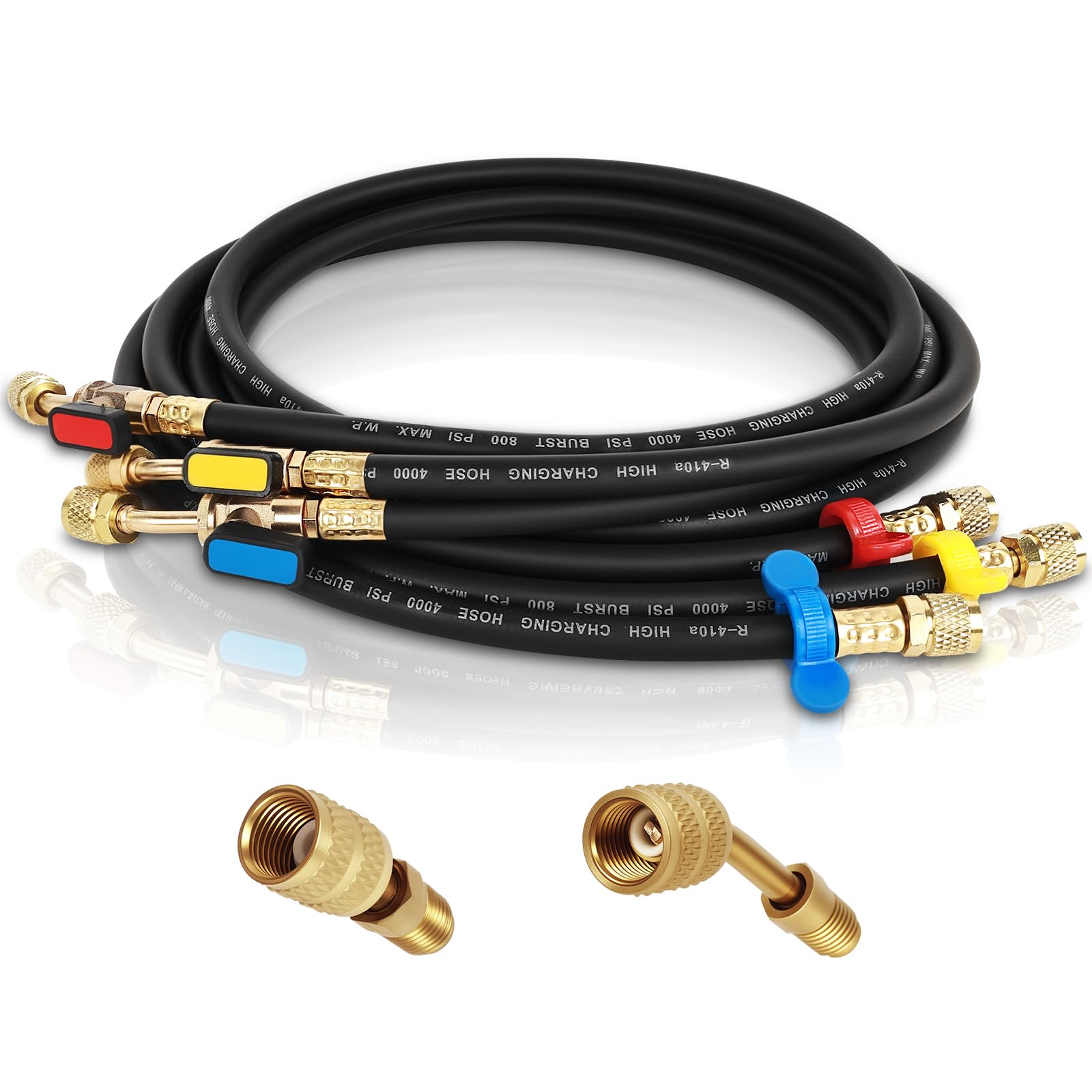 Photo 1 of 1/4" A2L Ball Valve Refrigerant Hose Set - 6FT Heavy Duty HVAC Hoses - 45° & 180° Left-Hand Adapters + Triple Crimp - Tri-Color Coded for R-1234yf R-32 R-454B R-410A R-134A (3 Pcs)