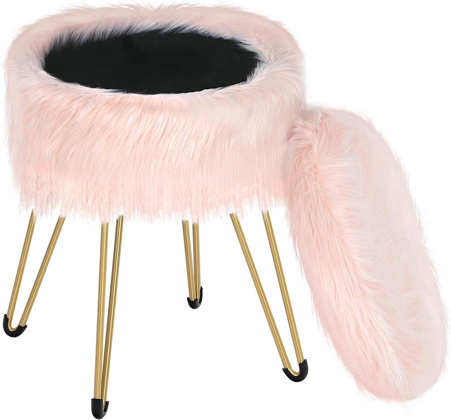 HOOBRO Vanity Stool Chair, Ottoman with Storage, Fluffy Vanity Stool, Round Footstool, Multifunctional Side Table, Sponge Cushion, Metal Legs, for Living Room and Bedroom, Pink and Gold KD43CW01