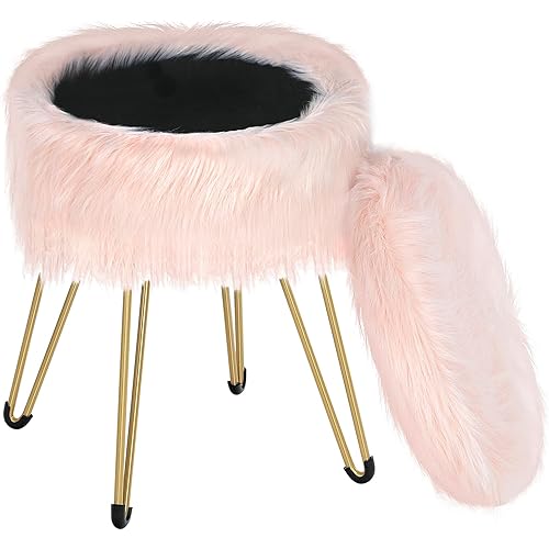 HOOBRO Ottoman with Storage, Fluffy Vanity Stool, Round Footstool, Multifunctional Side Table, Sponge Cushion, Metal Legs, for Living Room and Bedroom, Pink and Gold KD43CW01