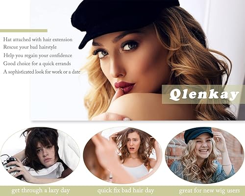 Miniatura 2 de Qlenkay Newsboy - Gorro con extensiones de cabello estilo Bob, peluca de 8 paneles con visera sintética, 14 pulgadas, corto, rizado, ondulado, para