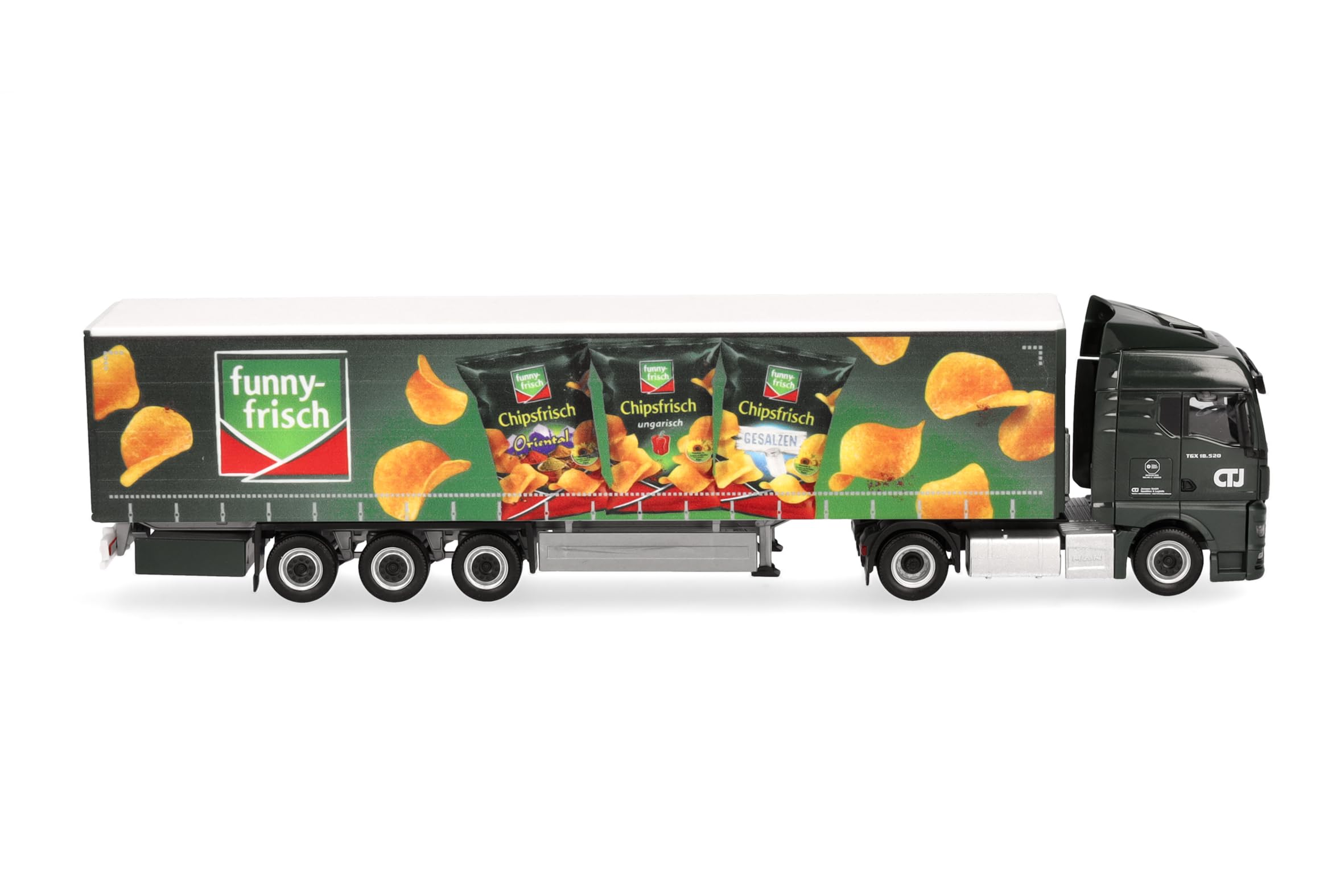 Herpa LKW Modell Man TGX GM Gardinenplanen-Sattelzug CTJ/Funny Frisch (Nordrhein-Westfalen/Dormagen), Miniatur im Maßstab 1:87, Sammlerstück, Made in Germany, Kunststoff, Weiß