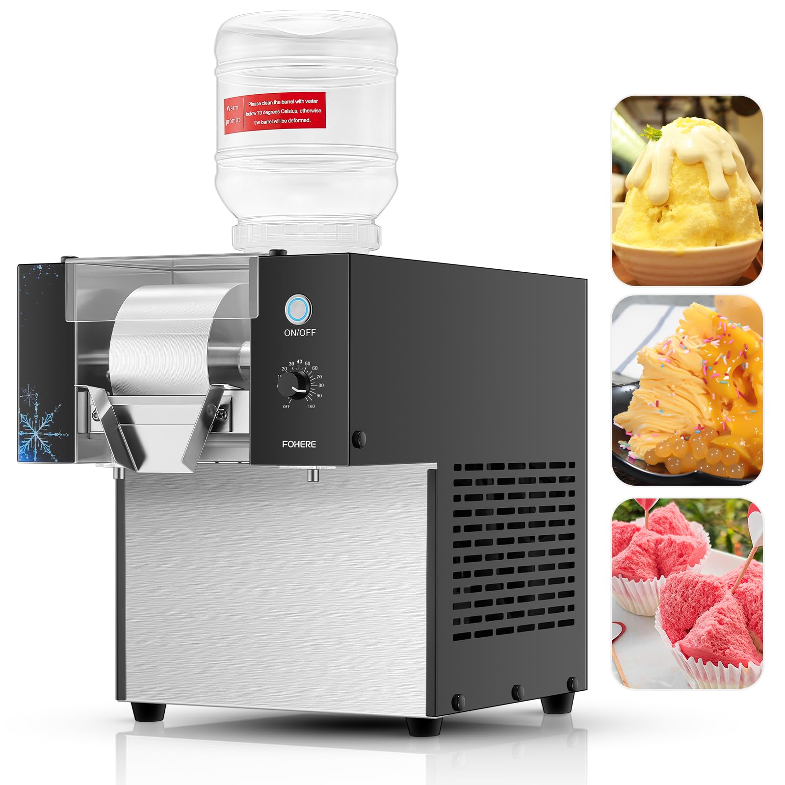 FOHERE Commercial Snowflake Ice Machine, 176 LBS/24H Shaved Ice Machine, Countertop Snowflake Ice Shaver Ice Crusher for Restaurant Supermarket Snack Bar Cafe, Silver