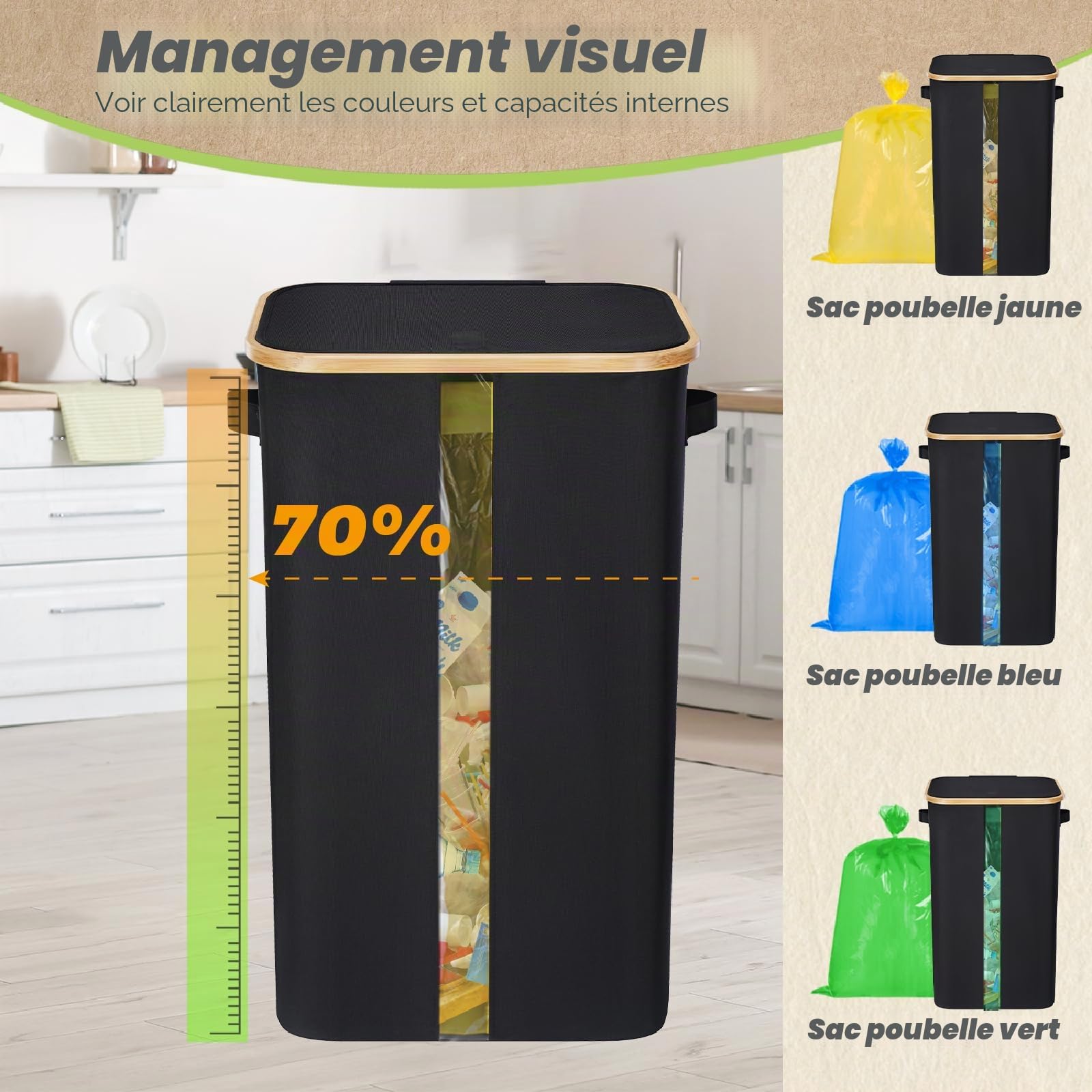 Support pour Sac Poubelle 100 l avec Fenêtre Transparente et Couvercle - Grand Format - Noir
