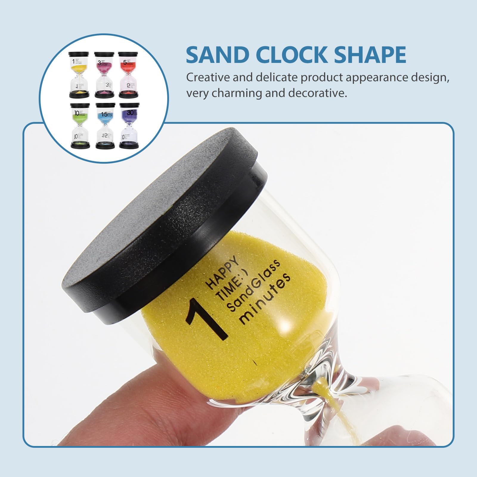 6 Piezas Reloj de Arena Temporizador de Arena, Plástico y Vidrio, Diseño Clásico, Negro, Cepillado de Dientes y Decoración de Dormitorio