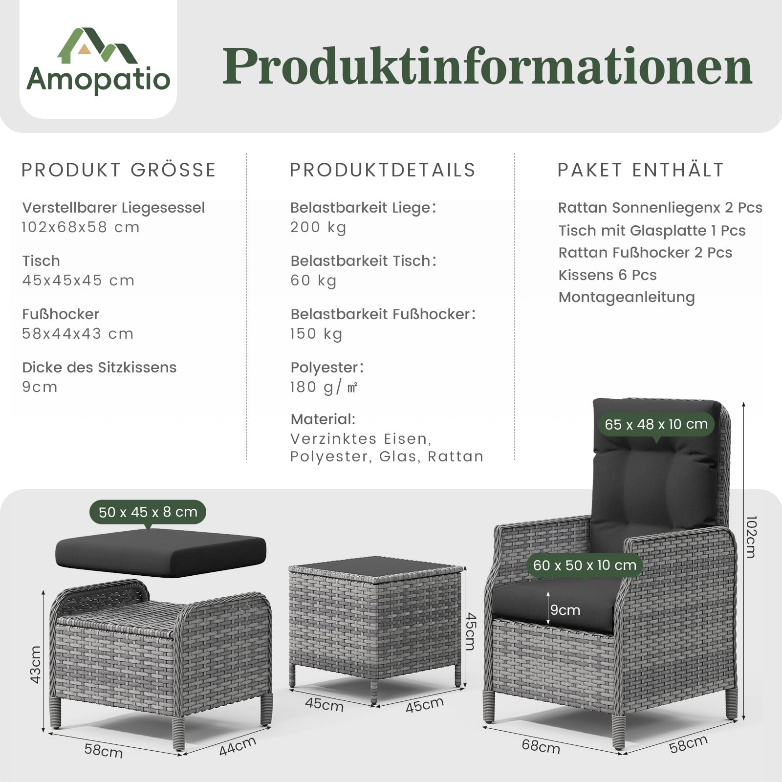 Amopatio Rattan Gartenmöbel Set mit 2 Verstellbarem Rattan Sessel, 2 Hocker & Glastisch, Wetterfest Lounge Möbel Outdoor mit Softkissen, für Garten,Terrasse & Balkon, Grau-meliert & Schwarz Bezüge