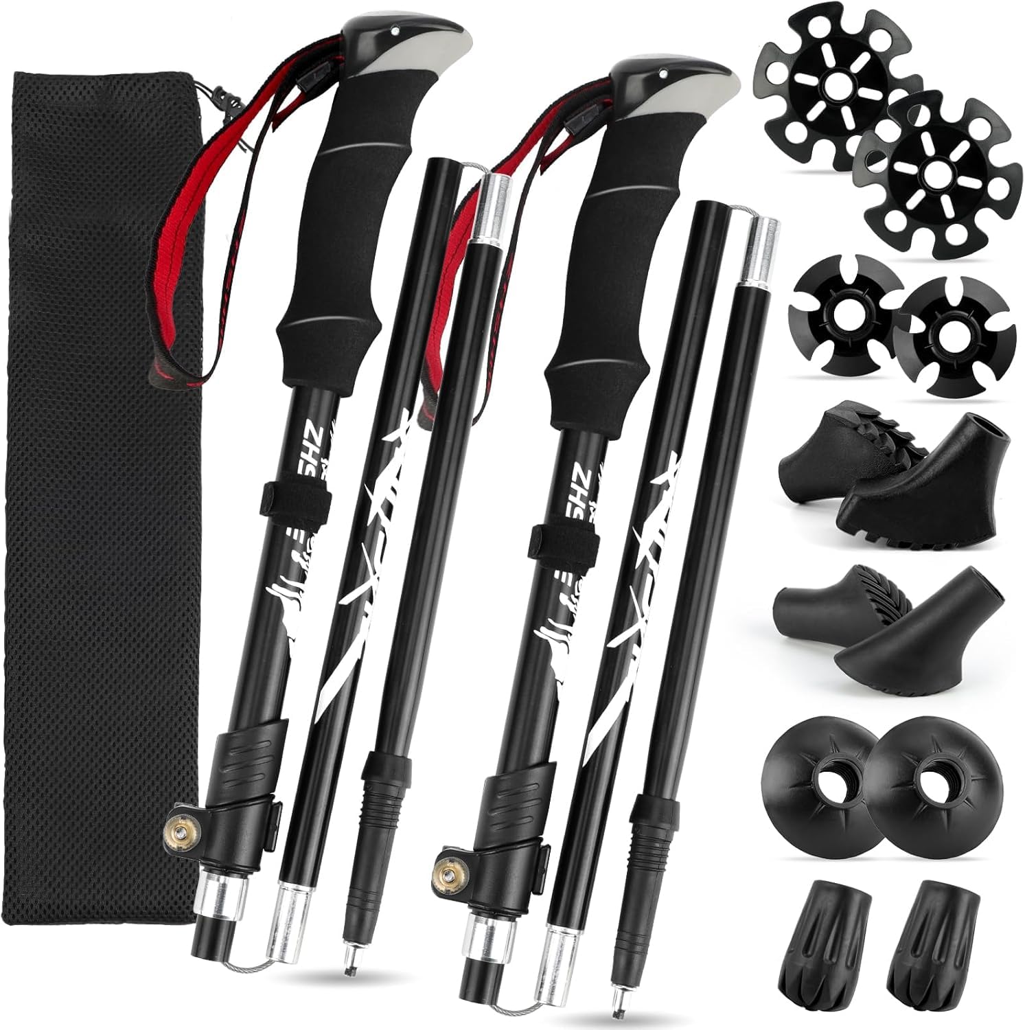 Wanderstöcke Faltbar 110 CM-130 cm, Bluefire Nordic Walking Stöcke für Damen und Herren, 7075 Aluminium Wanderstöcke, Mit 6 Paar Gummipuffern mit unterschiedlichen Funktionen