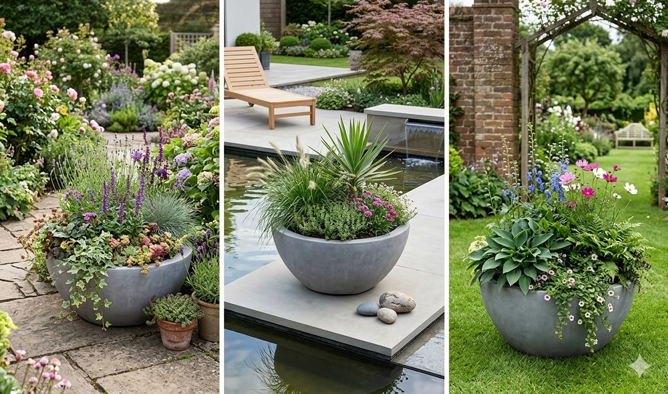 Casa Mina Esteras Pflanzkübel groß außen - Fiberglas Blumenkübel rund 60x31cm - Blumenschale für Draußen - Pflanzschale Frostsicher - Blumenkasten für den Garten - Bristol
