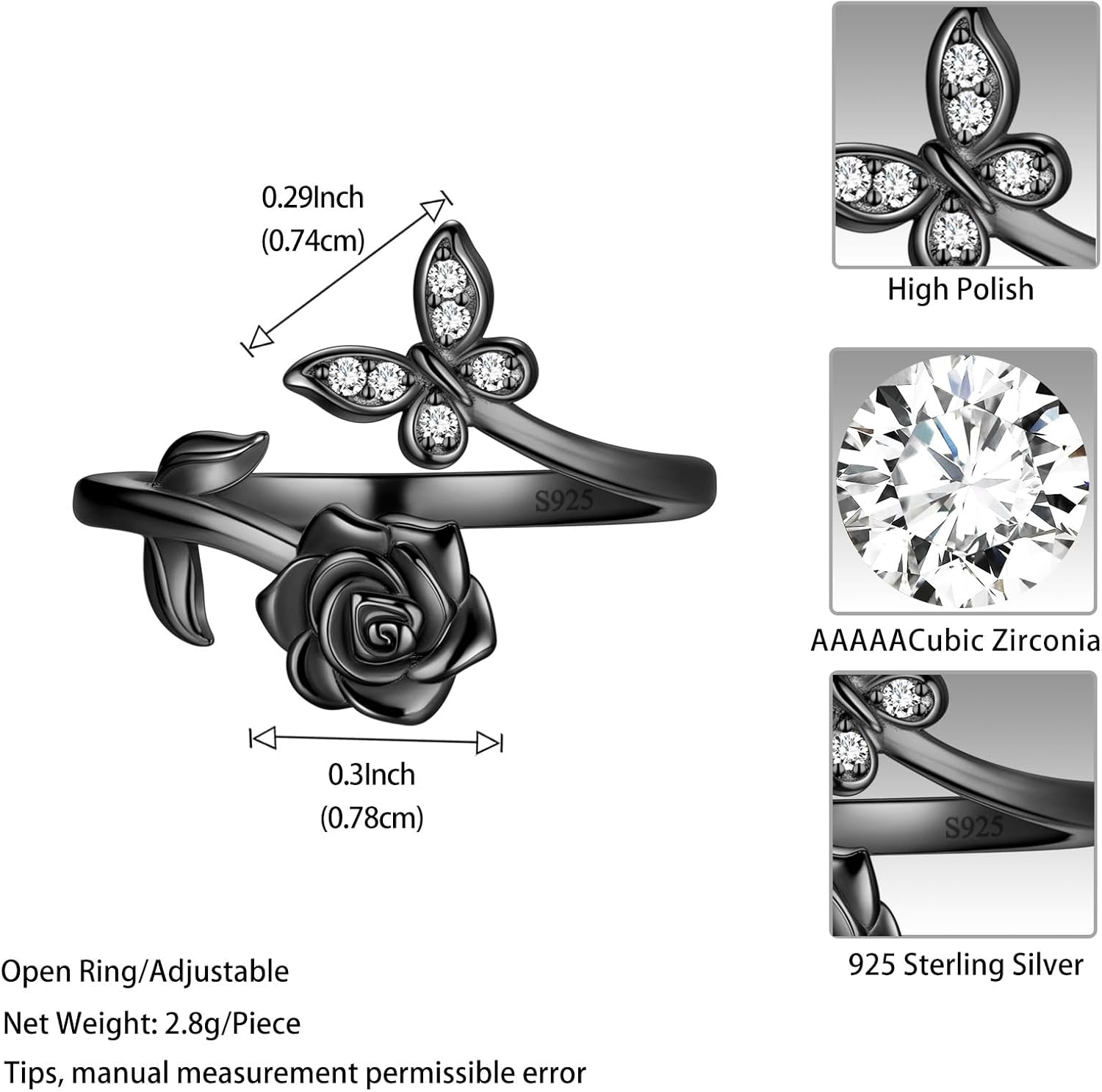 Jewmon Butterfly Rose Birthstone Ring for Women Mothers Day Jewelry Gifts for Mom 925 Sterling Silver Birth Stone Butterfly Ring Elegant Rose Promise Ring Birthstone Jewelry Gift for Girlfriend Wife