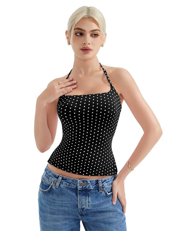 SUUKSESS Women Halter Double Lined Fitted Tank Tops Backless Going Out Camisole Crop Tops (Pulka Dots Black, S) by SUUKSESS - Used condition - Image 6