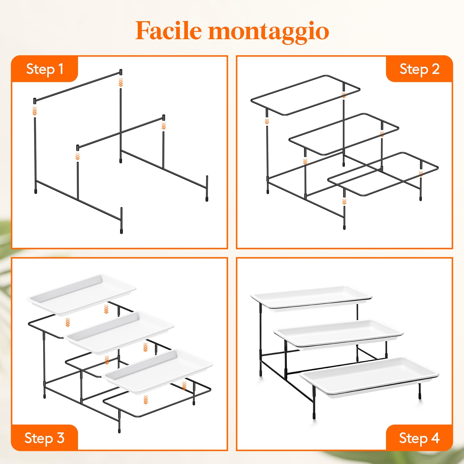 Lifewit Vassoio da Portata 3 Piatti, Vassoio Plastica Rettangolo 30×17cm, Alzate per Buffet Dolci, Portafrutta da Tavolo, Cucina Decorativo, Vassoi e Piatti con Rastrelliera in Metallo Nero