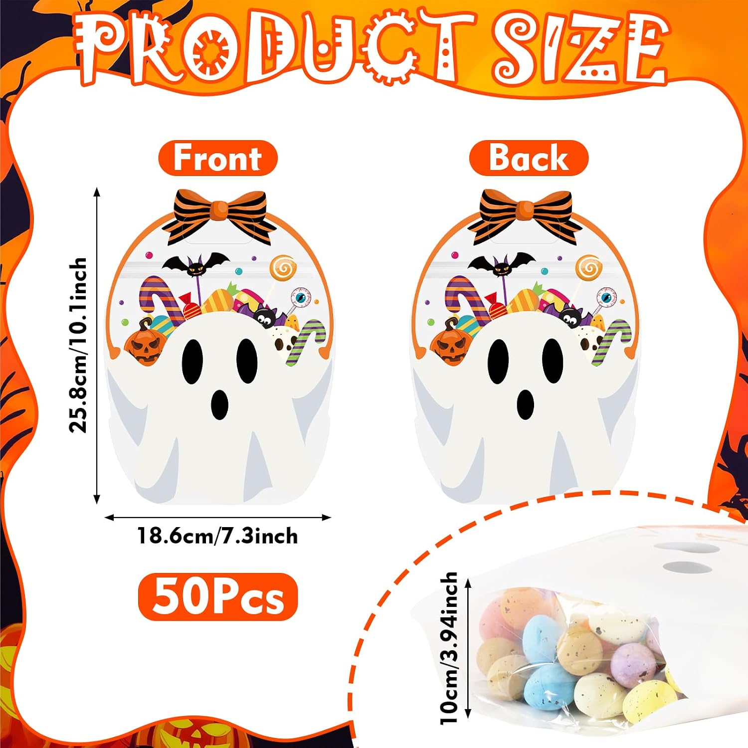 Nlicrst 50 Pcs Halloween Treat Bags Ghost Plastic Gift Bags with Handles image 3