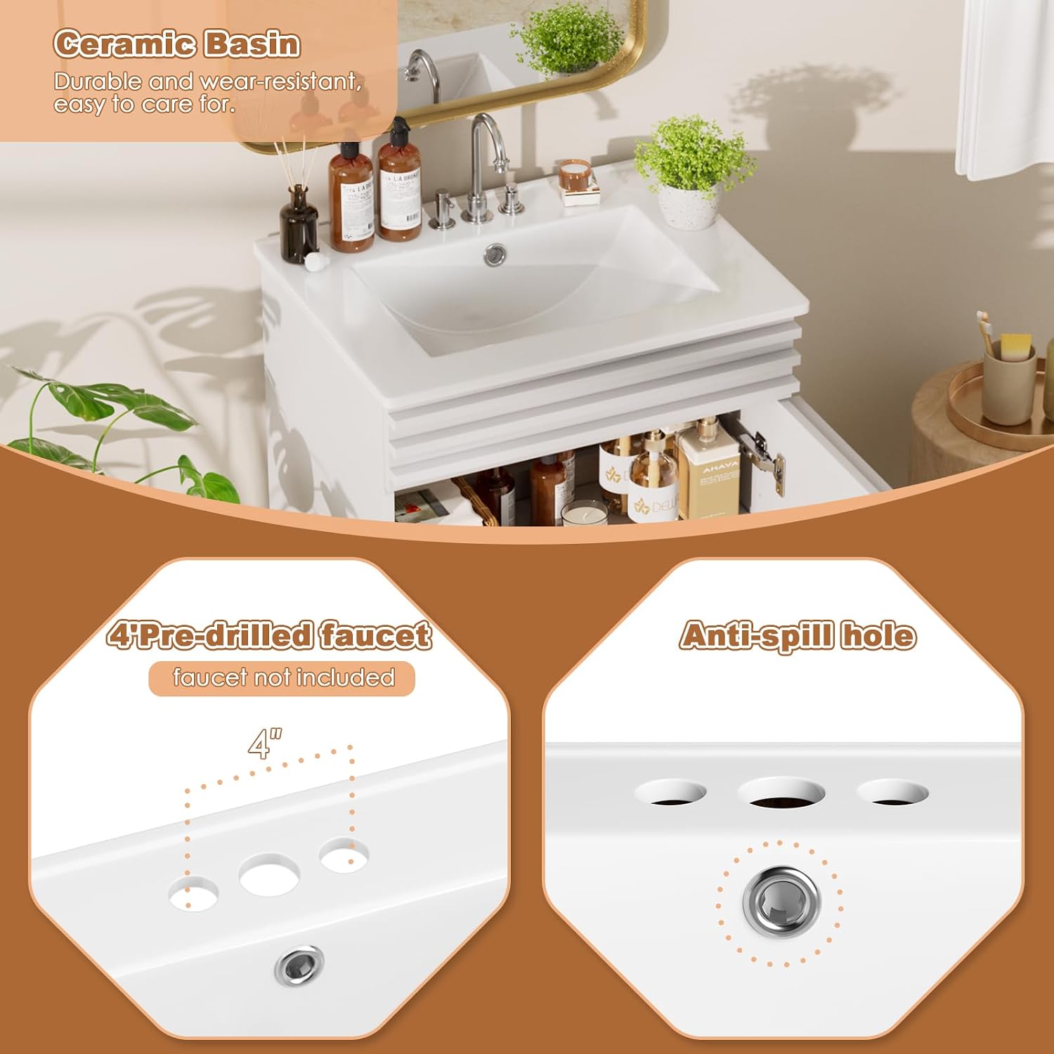 ROOMTEC 24" Bathroom Vanity with Sink, Mid-Century Freestanding Bathroom Vanity Sink with Storage, Undermount Ceramic Sink, Particleboard Frame with Wood Grain Laminate, White