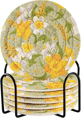 innewgogo Retro Flower Faffodils Leaves 6 Pcs Absorbent Drink Coasters for Tabletop Protection Handmade Round Woven Coaster with Holder & Heat Water
